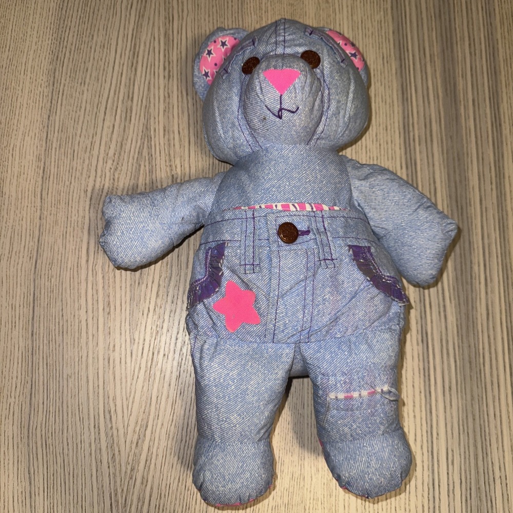 Vintage 1994 Tyco Doodle Bear Denim Blue Pink Star Ears Plush Toy Washable 90s